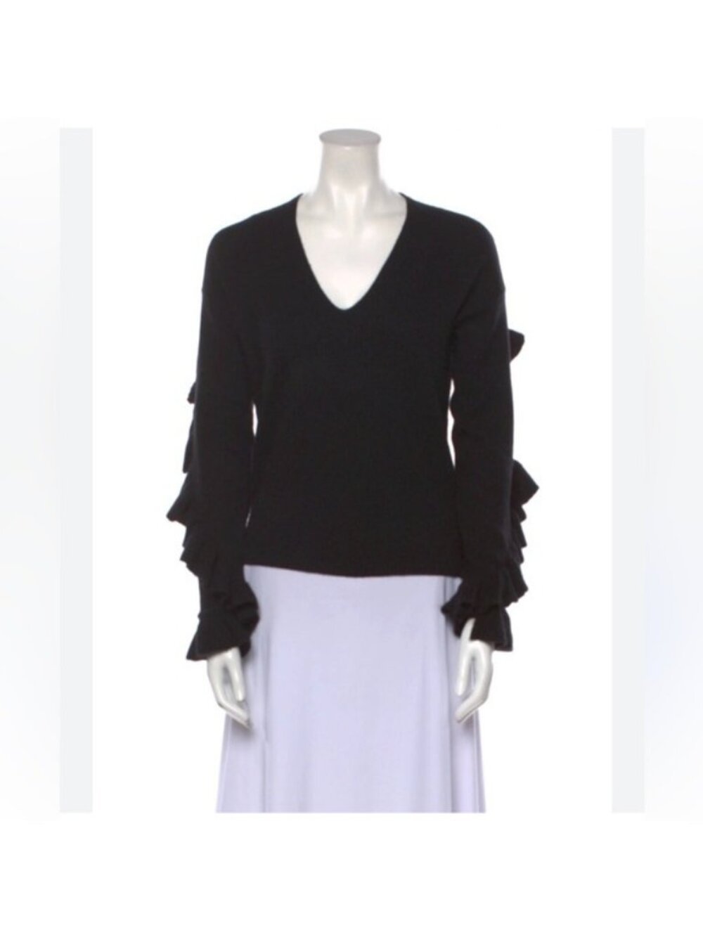 LEWIT Ruffle Sleeve 100% Cashmere black SweaterRuffle Sleeve V Neck XL